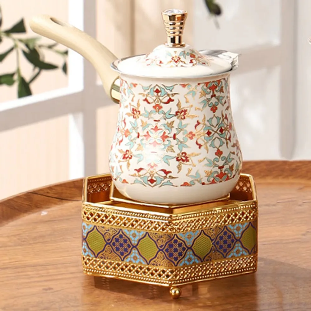 550ml Turkish Coffee Pot Long Wooden Handle Arabic Style Milk Pot Stainless Steel V Shape Diverter Port Butter Melting Pot