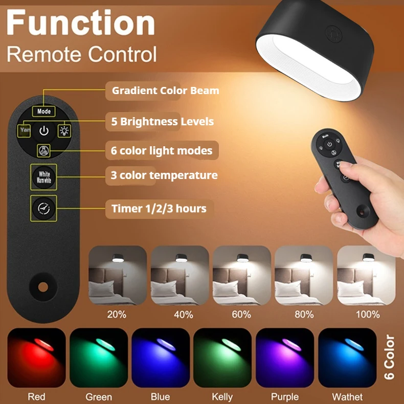 Magnetische LED-wandlamp Oplaadbare leeslampen 360 ° Draaibare Touch Afstandsbediening Kastspot Ronde Vorm Nachtlamp