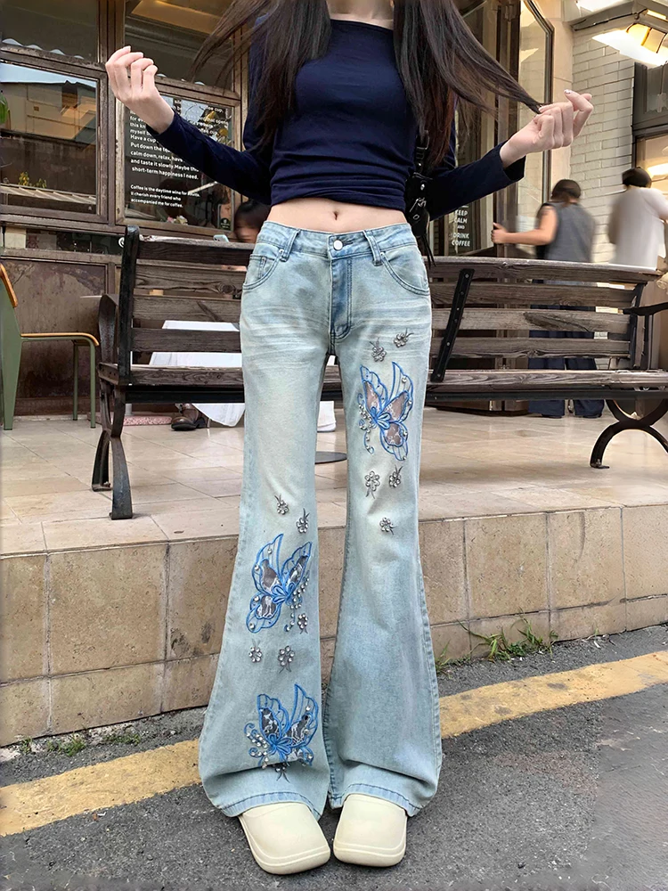 REDDACHiC Women Butterfly Embroidery Flare Jeans Hotties Diamond Glitter Wash Slim Low Waist Denim Pants New In Y2K Streetwear