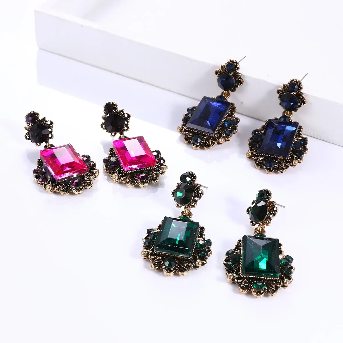 Retro Antiqued Bronze Deep Green Chunky Stone Pendant Dark Blue Big Drop Earring for Women Girls Vintage Jewelry