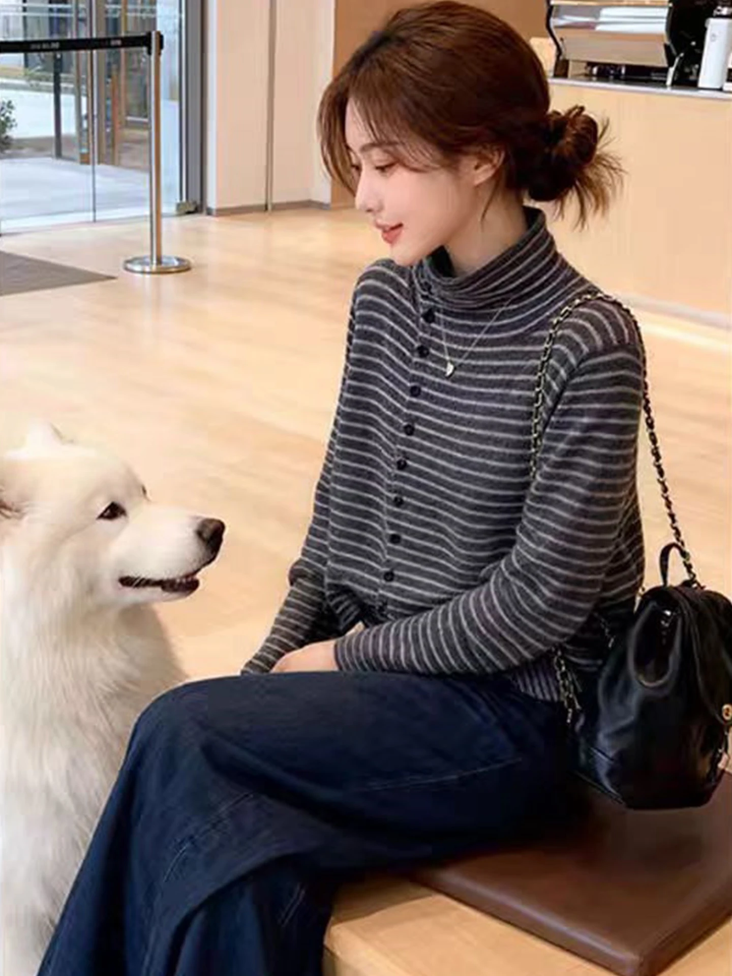 

Модный полосатый вязаный свитер с длинными рукавами на одной пуговице, зимний, женский, мягкий, в корейском стиле, для повседневной носки, свободного кроя