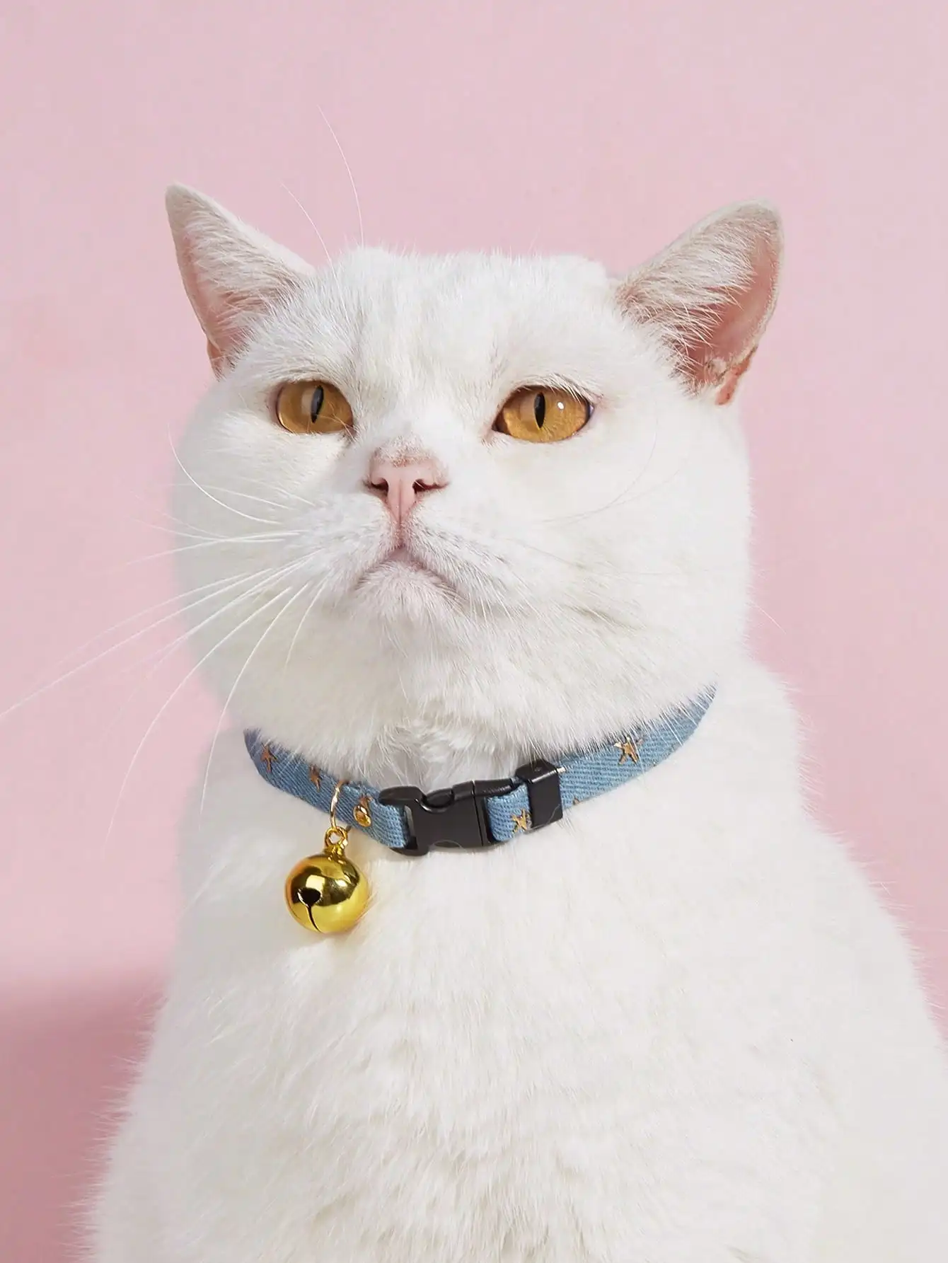 Adjustable Light Blue Denim Collar With Gold Embossed Star & Bell Pendant For Cats And Dogs Daily Use