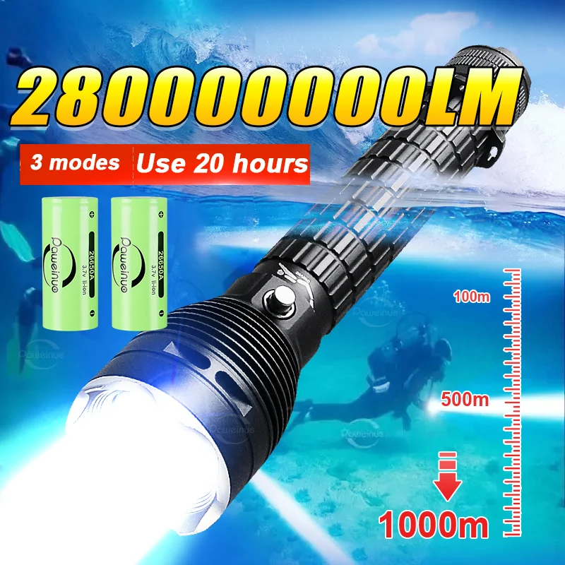 

280000000LM Самый мощный светодиодный фонарик для дайвинга Профессиональный фонарик для дайвинга Перезаряжаемая лампа для дайвинга Подводный фонарь для рыбалки