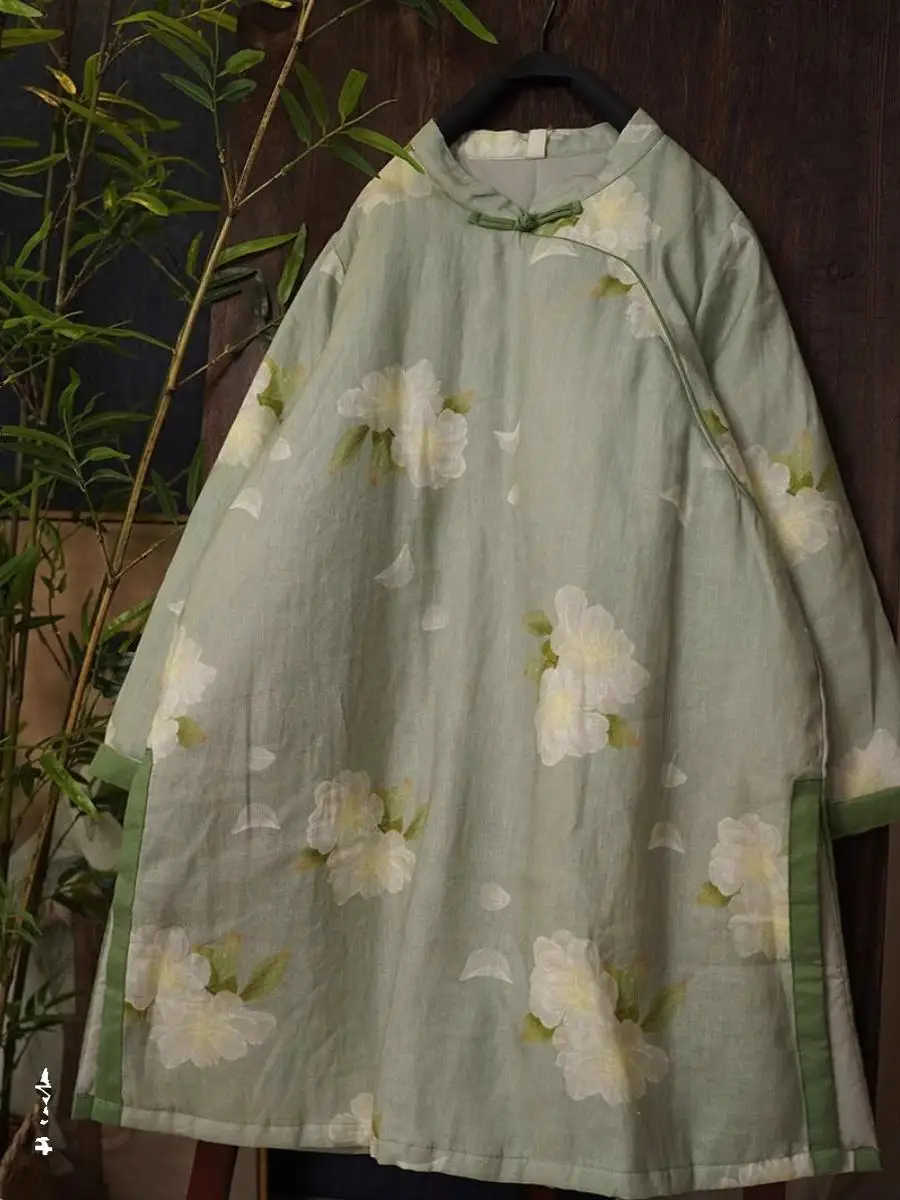 

Chinese Sle Button up Cotton Jaet Women's Mid-Length Cotton Linen Print Top with Slits for Autumn Winter New Arrival