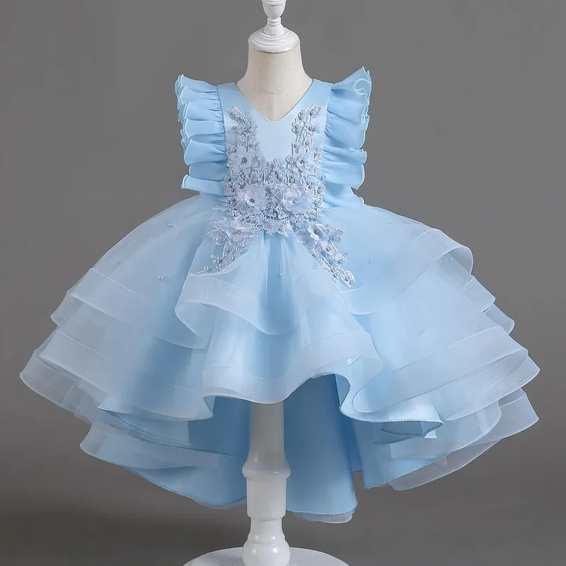 Little Girls Princess Baby 3-15 Fluffy Lace Embroidered High End Host Performance Costume Wedding Christmas Party Trailing Dress