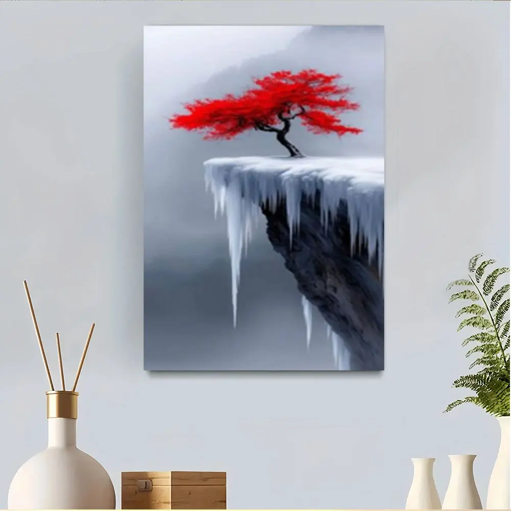 1pc Red Tree on Frozen Cliff Frameless Canvas Wall Art - Modern Vintage Design, High-Quality Print Poster, Elegant Home Office