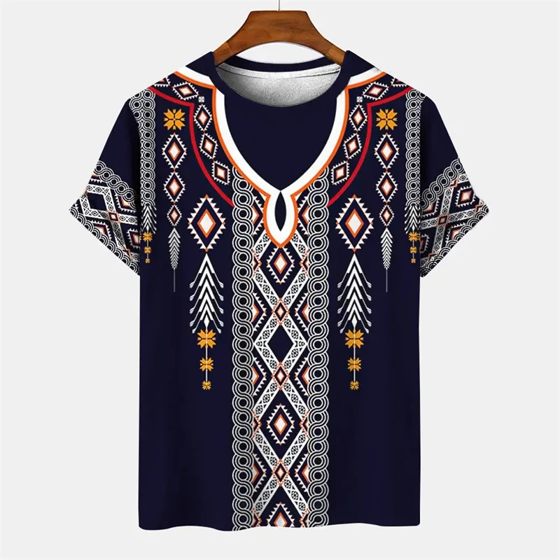 Summer Men\'s Vintage T-shirt African Tradition Stripe Printed Ethnic Style T Shirts Street O-Neck Short Sleeve Holiday Tees Tops