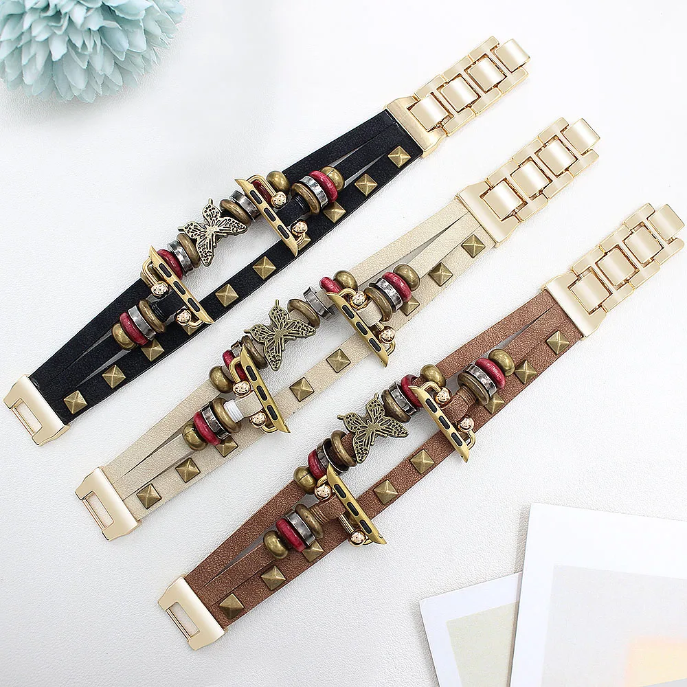 Strap for Apple Watch Band 44mm 40 45mm 41mm 46 42mm 49mm 44 45mm Retro Leather Metal Bracelet for iWatch series 10 9 SE 7 6 5 4