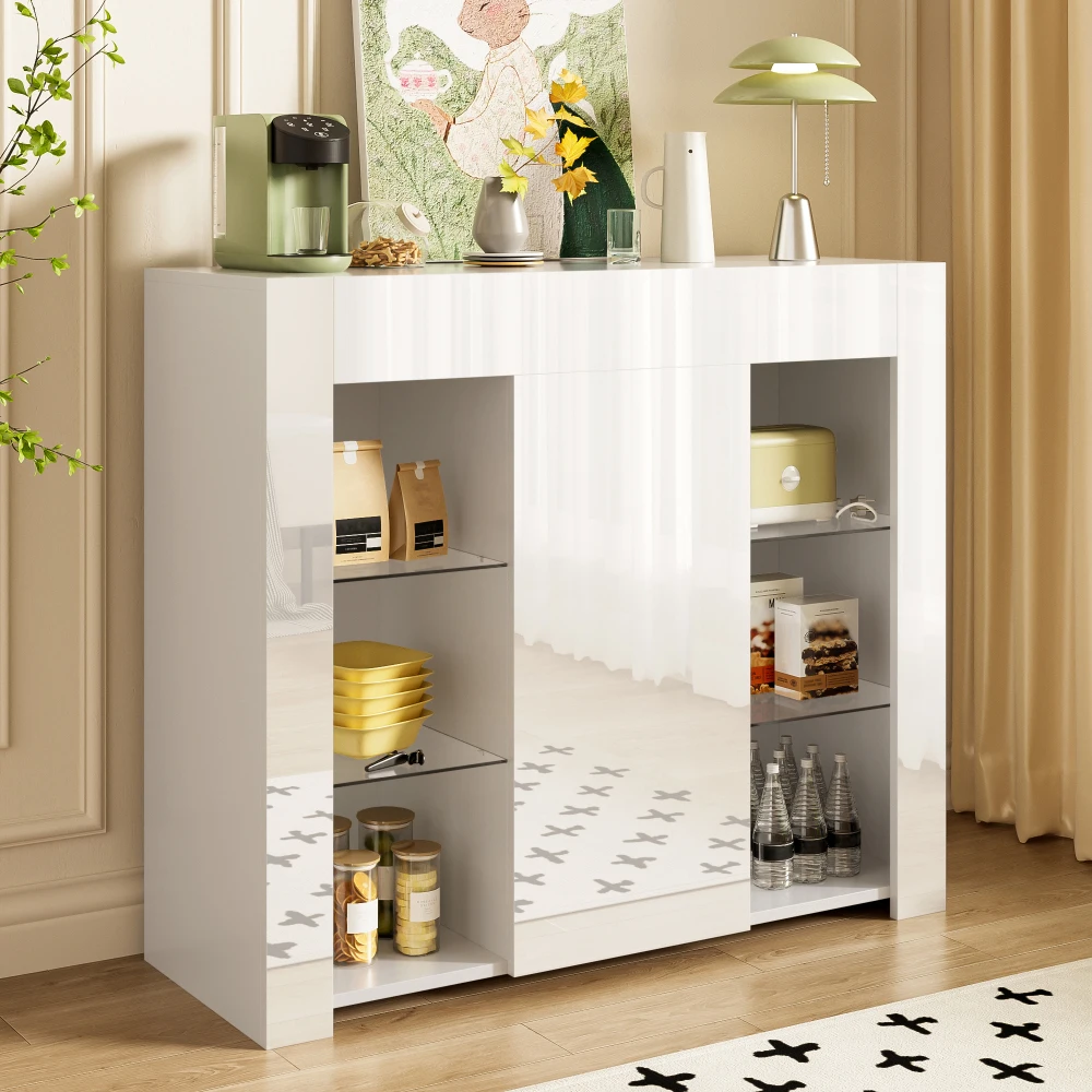 Morden Schwarzes Buffet mit Hochglanzfront, kompakte, stilvolle Aufbewahrungslösung mit Glasböden und Schranktür für das Wohnzimmer – Detail 26
