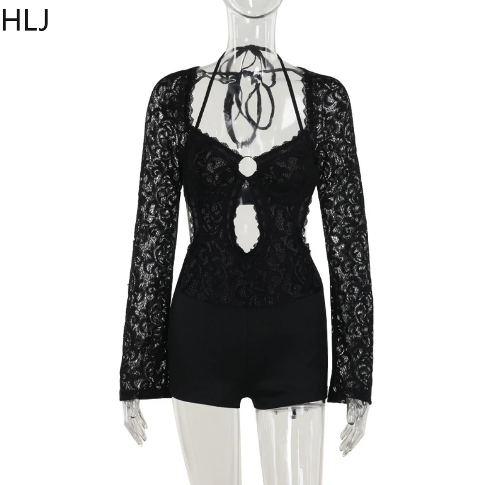 HLJ Black Sexy Lace Hollow Out See Though Bodycon One Piece Rompers Women Long Sleeve Backless Slim Jumpsuits Fashion Overalls