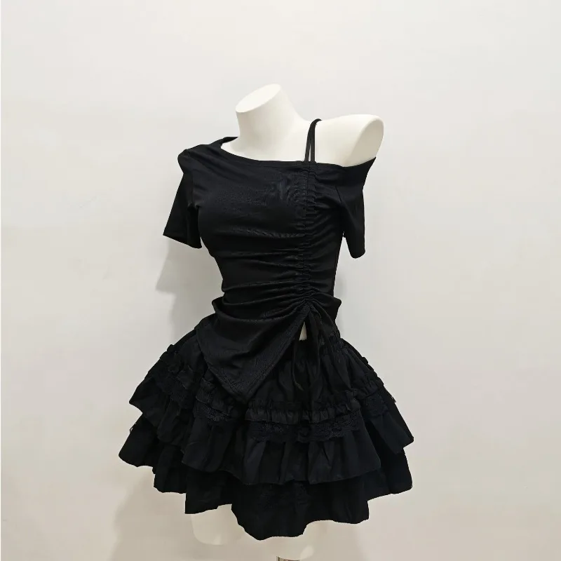 

Новинка 2025 года, японская корейская черная кружевная пышная юбка-тортик, милый + повседневный тонкий косой воротник, топ с короткими рукавами и шнурком, комплект из 2 предметов для женщин