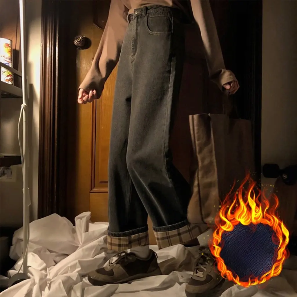 

Новые женские прямые джинсы с высокой талией на флисовой подкладке, утолщенные свободные утягивающие длинные брюки на осень-зиму