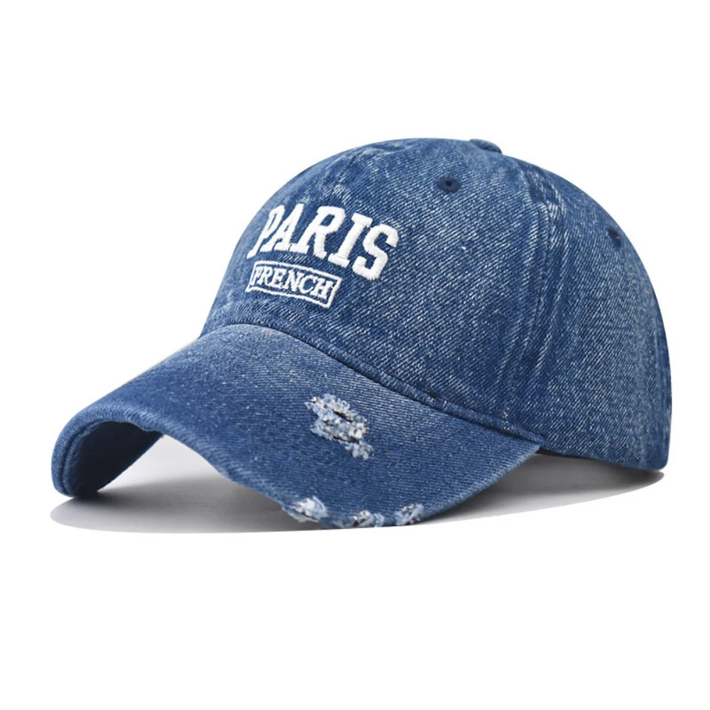 French retro style three-dimensional foam PARIS layered embroidery denim distressed baseball cap suitable for both men and women