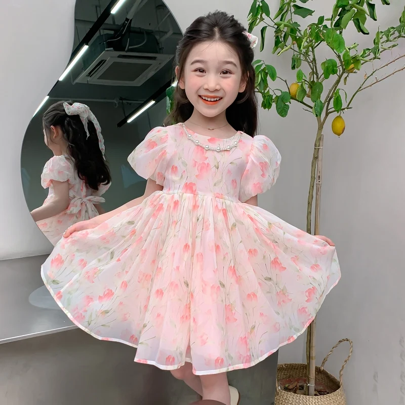 

2024 new summer tulip pearl dress for middle and primary school girls, flower printed princess dress, foreign girl party dress