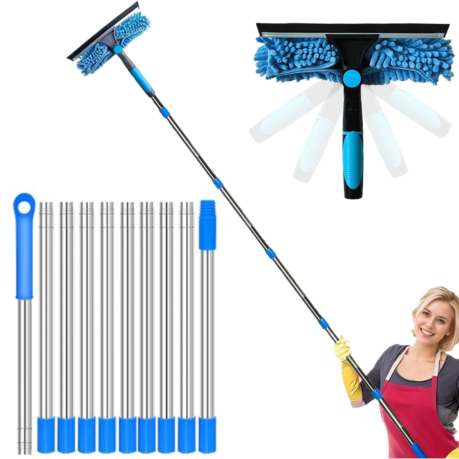 

2-in-1 High Waist Window Cleaning with 10 Joint Extension Pole Stainless Steel Scraper and Squeegee Reusable Microfiber Cloth