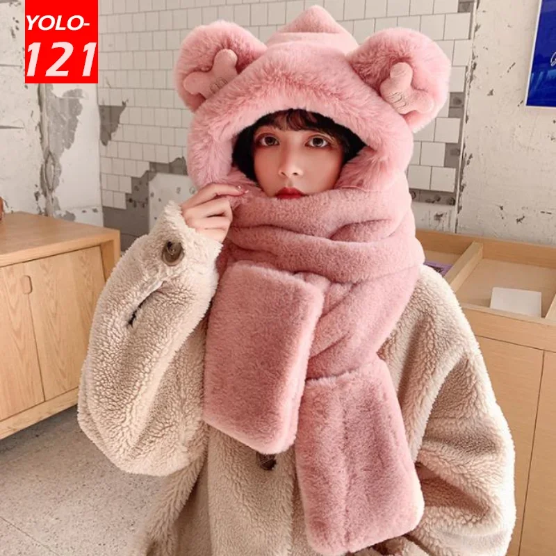 Natural Rabbit Fur Bear Ears Hat Women Winter Fashion Thickening Warm Plush Scarf Outdoor Skiing Integrated Hooded Scarf