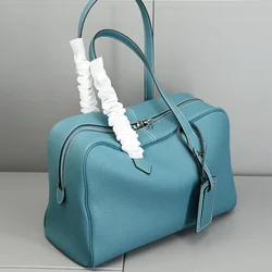 Genuine Leather Bowling Bag for Women, Top Layer Cowhide Handbag, Large Capacity Top Handle Bag, Small & Large Size