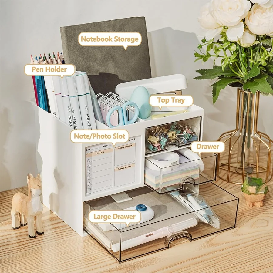 1 PC Multifunctional Desktop Storage Box with Drawers and Photo Frame, Pen Holder Suitable for Offices, Campuses and Dormitories