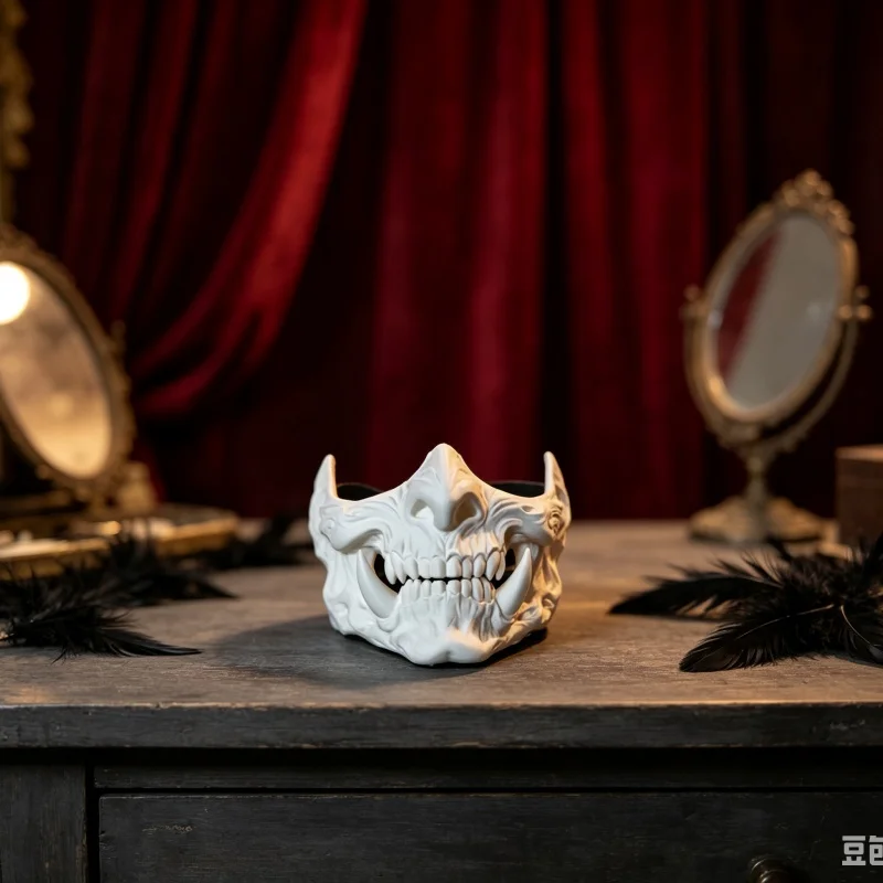 3D‑Printed Plastic Demon Skull Half‑face Mask, Vampire Fangs Skeleton Face‑shield Ornament, Desktop Collectible Decor