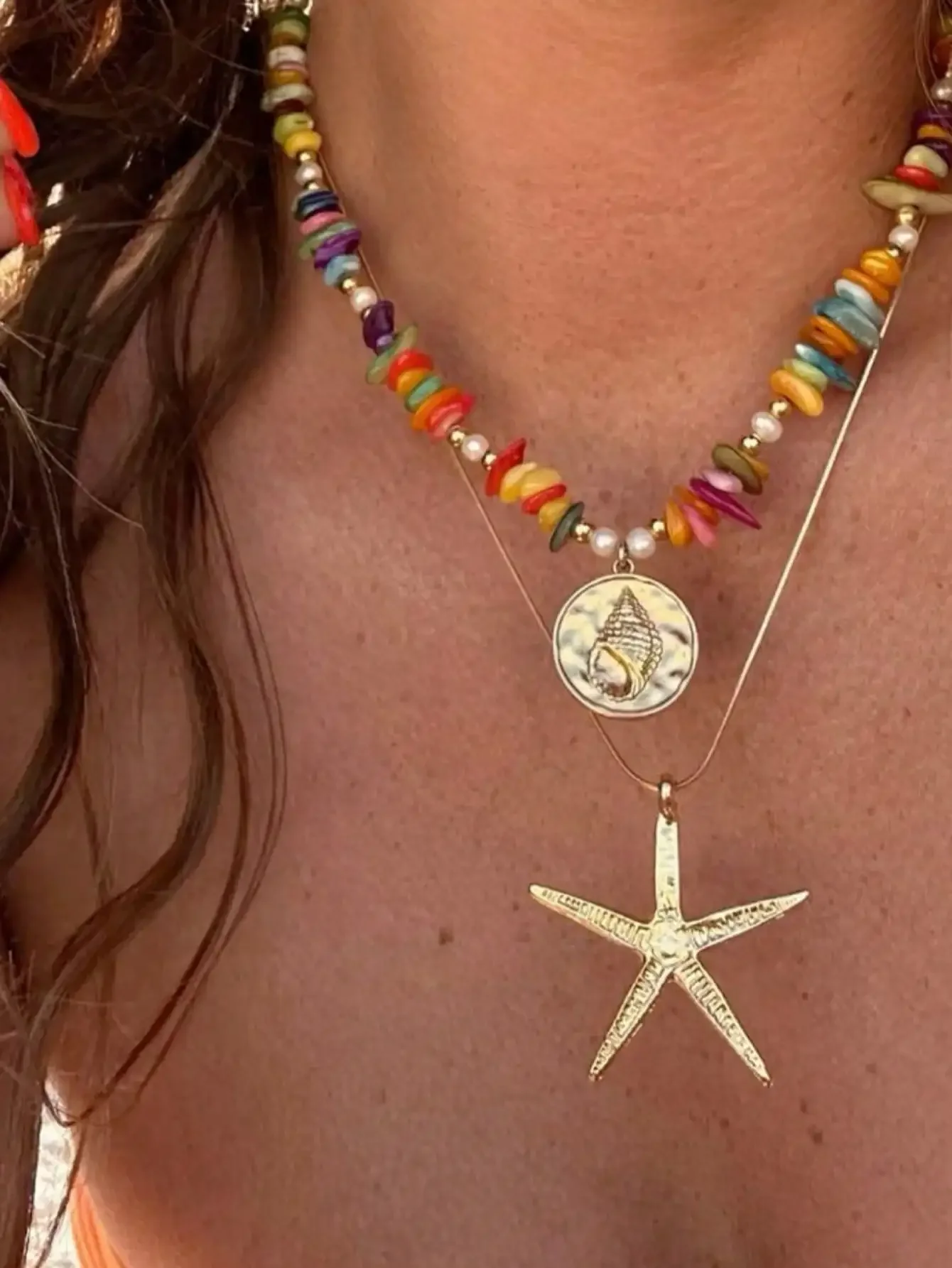 

2pcs Bohemian Colorful Asymmetrical Stone Faux Pearl, Seashell & Starfish Pendant Double Layer Necklace, Suitable For Women Summer Beach Holiday Party Daily Wear,Perfect gift