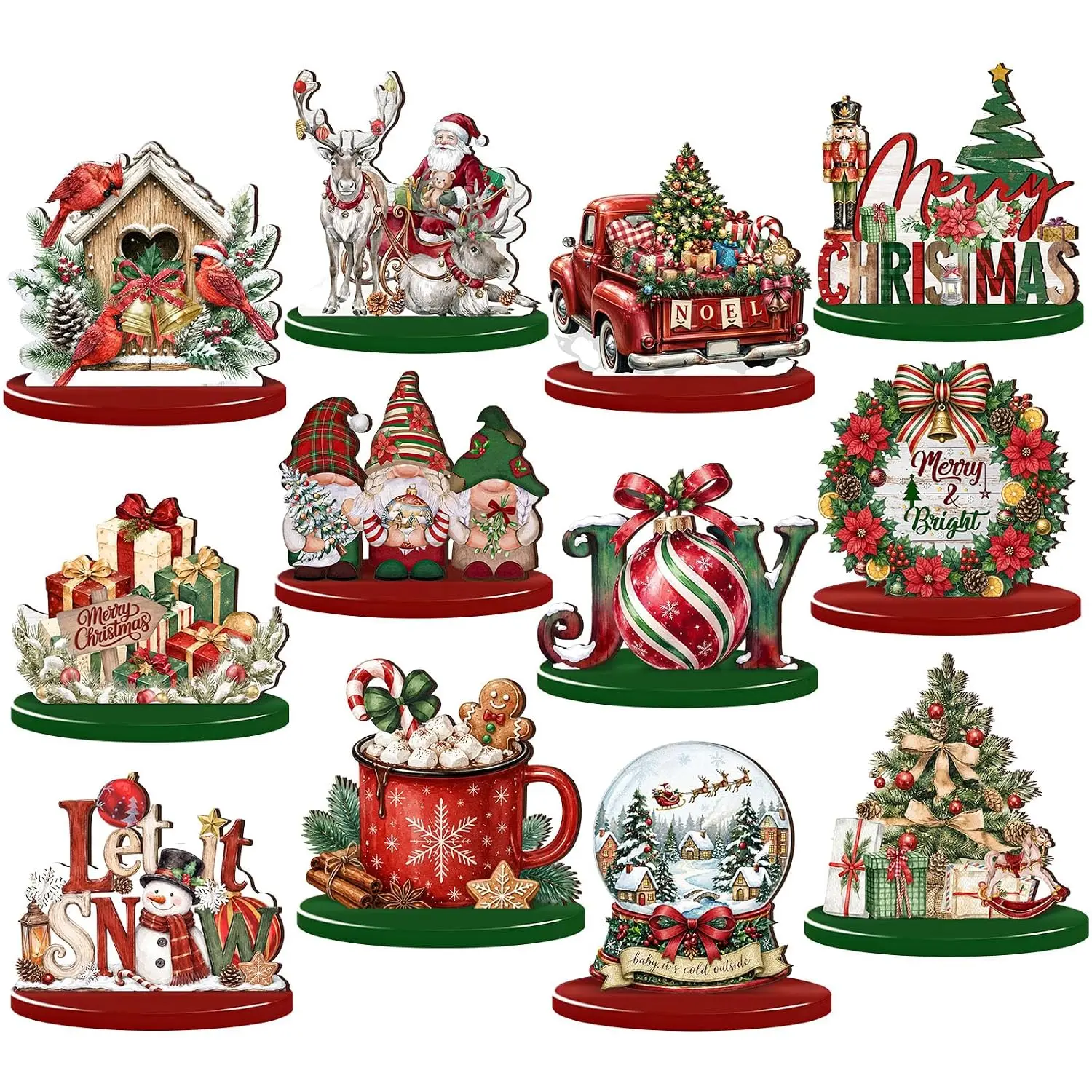 12 Pcs Christmas Tiered Tray Decor Wooden Santa Reindeer Snowman Wreath Centerpieces Farmhouse Home Kitchen Coffee Bar Shelf