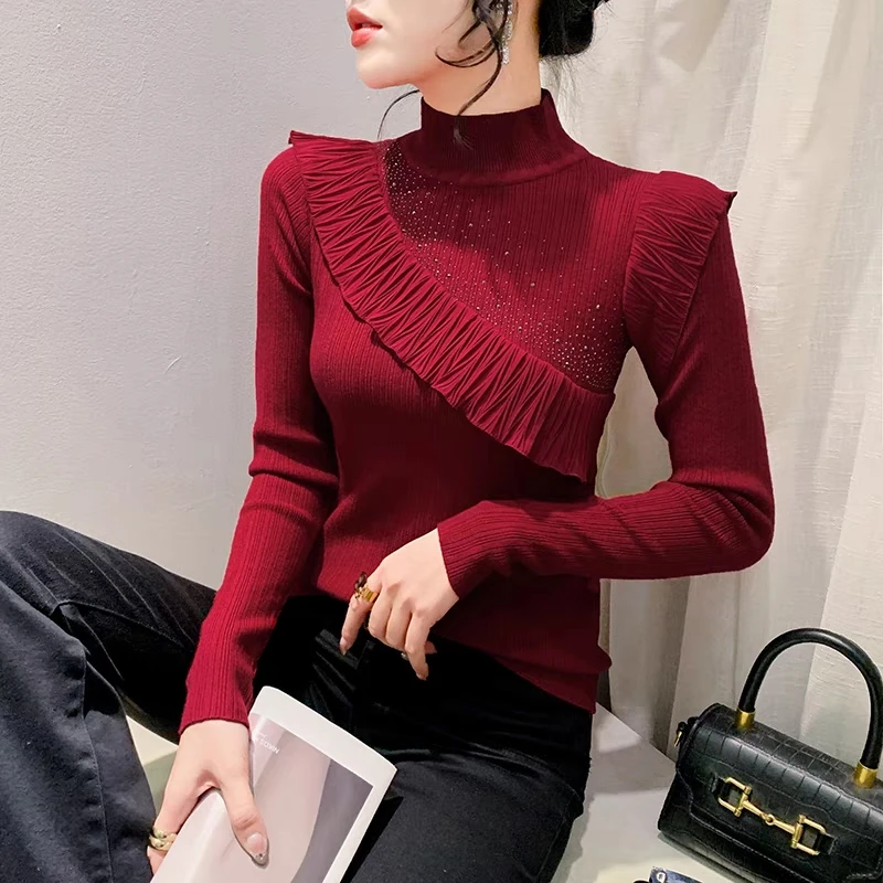 Runway Spring New Fashion Women Turtleneck Long Sleeved Sweater Pullover Chic Ruffled Diamonds Stretch Slim Knitted Girl Tops