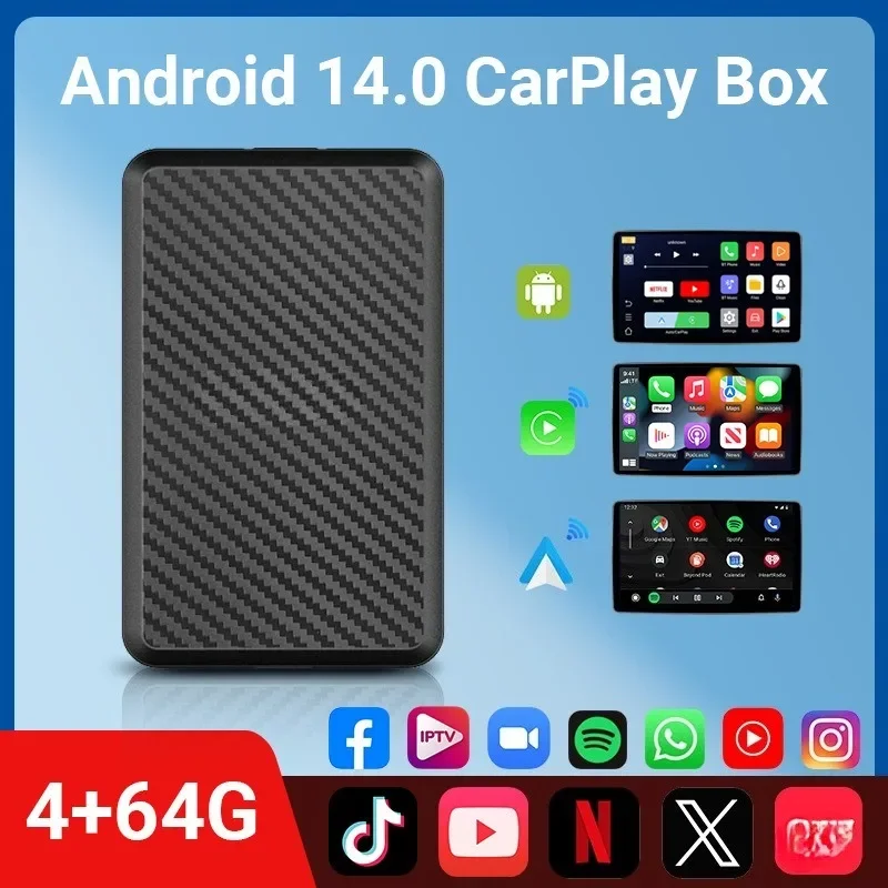 

1 шт. Android-бокс Type-C/USB 4+64 ГБ с Android 14, CarPlay, беспроводным Bluetooth-подключением, Android Auto, автомобильной навигацией и воспроизведением видео