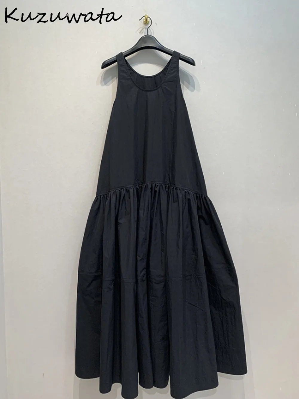 Kuzuwata New Sleeveless Collarless Slim Fit Dress Loose Big Swing Waist Casual Simple Robe Japan Fashion Lazy Ruched Vestidos