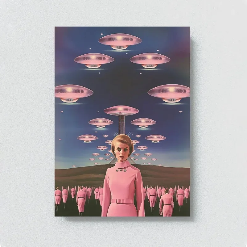 Vintage Psychedelic Pink Aliens UFO with Woman Posters Prints Canvas Painting Retro Space Wall Art Pictures for Home Room Decor