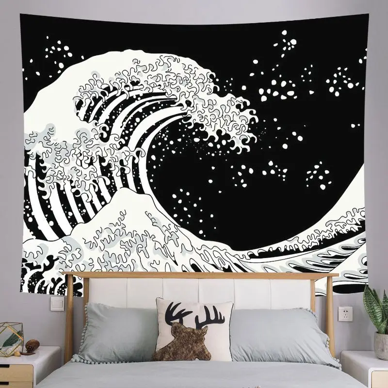 VIKAMA Black and White Skeleton Moon Star Tapestry, Retro Mountain River Wall Hanging, Aesthetic Bedroom Dorm Decor