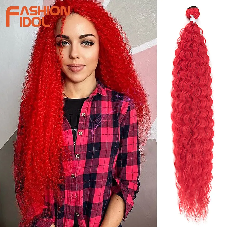 FASHION IDOL Kinky Curly Hair Bundles 32 Inches Ombre Brown Red Super Long Fake Hair Synthetic Weaves Curly Wave Hair Extensions