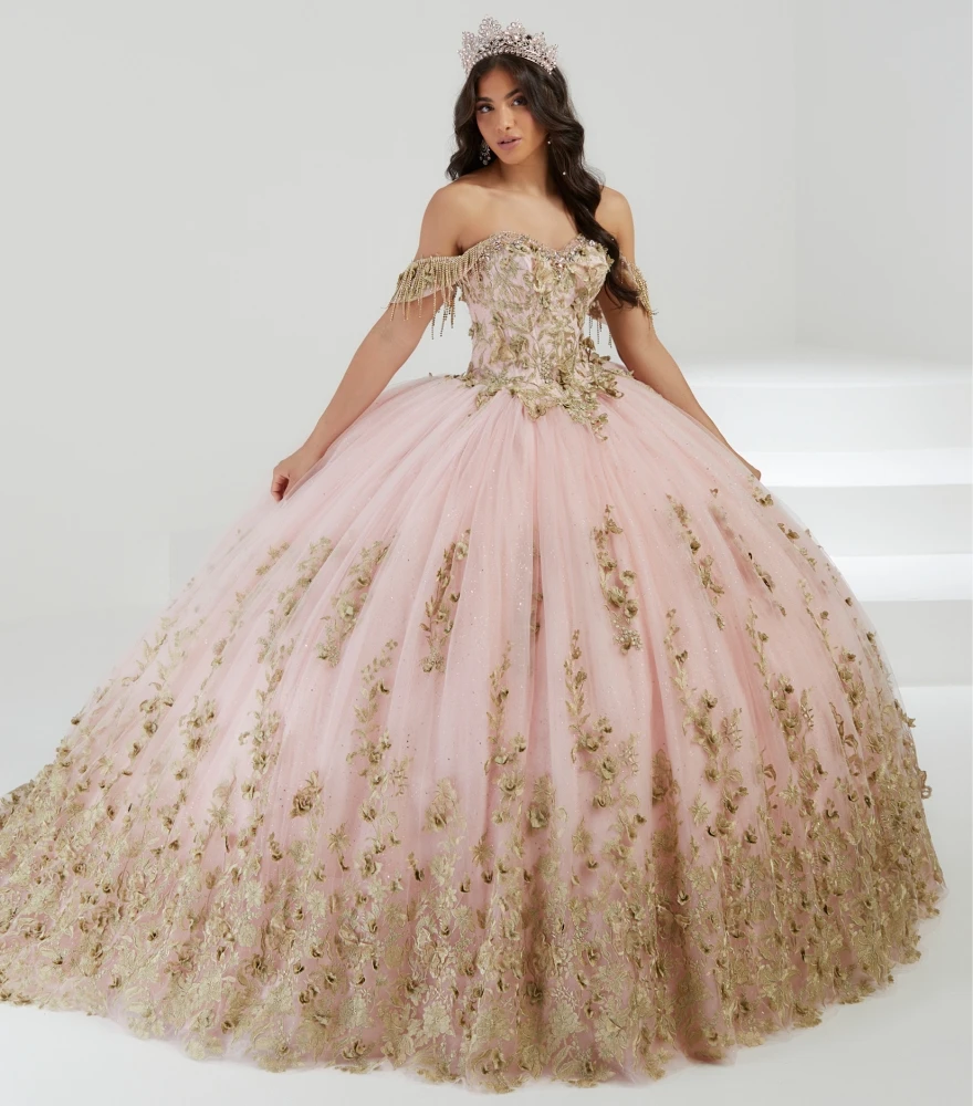 Vestido Quinceanera Lorencia-Blush Pink, Apliques de renda dourada, vestido de baile Mexicano Sweet 16, 15 anos, YQD139, 2024