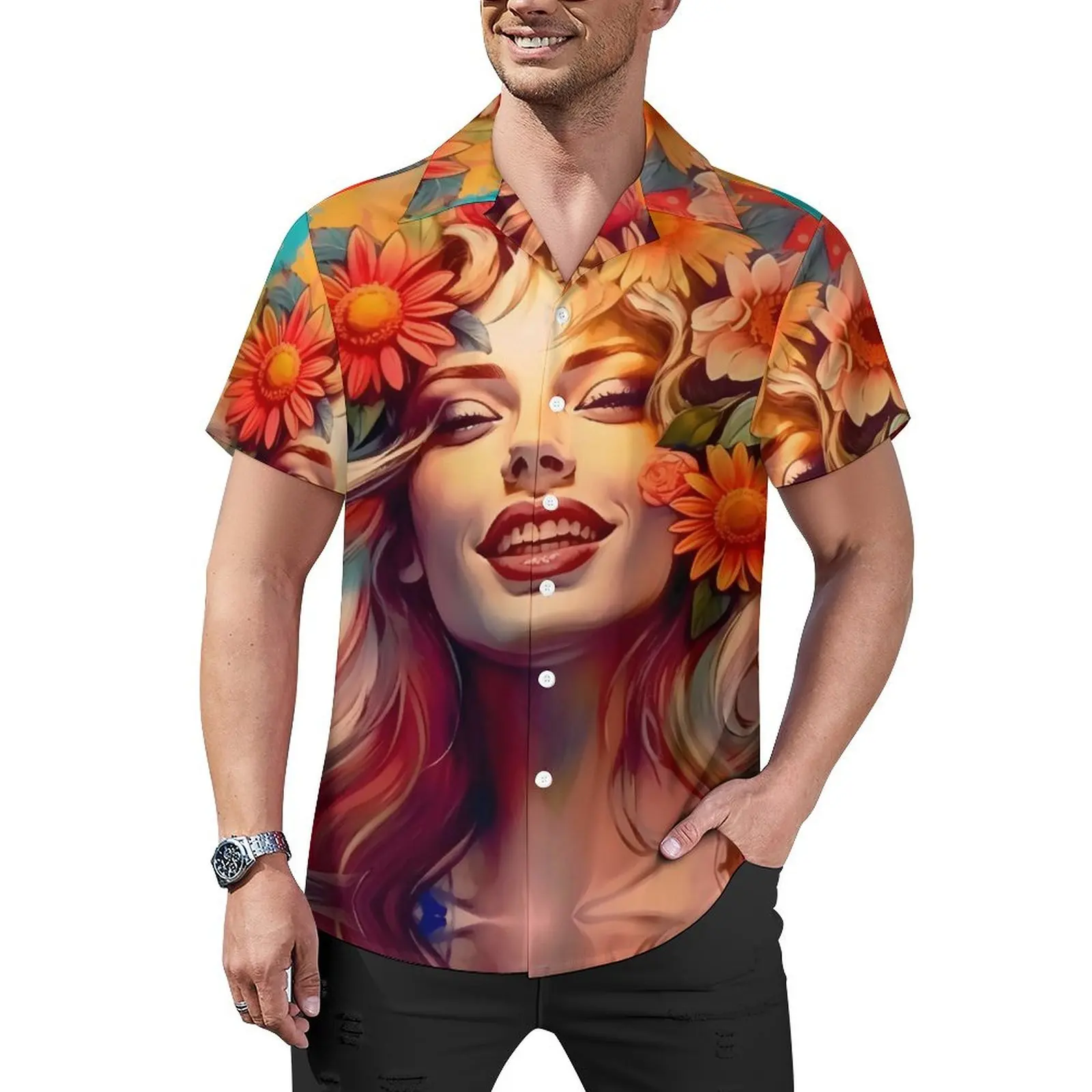 

Happy Lady Face Hawaiian Shirt For Male Beach Floral Print Casual Shirts Short Sleeve Street Graphic Vintage Plus Size Blouses