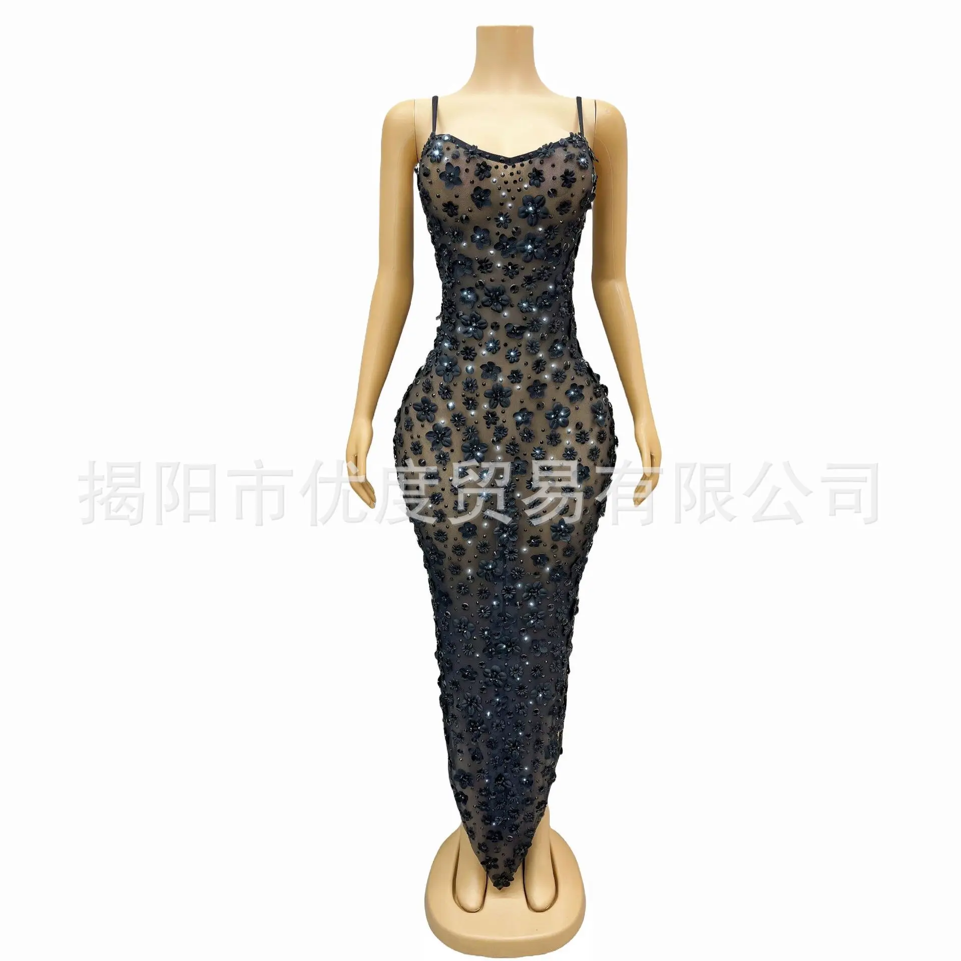 

Black Side Split Rhinestone Three-dimensional Flower Sexy Mesh Cocktail Party Dance Night Dress Pure Suspender Vestido De Fiesta