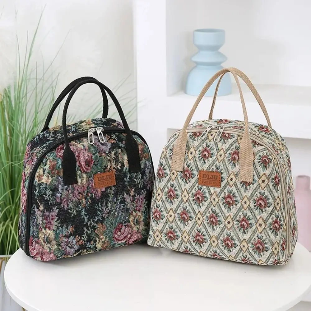 

Fashion Thickened Floral Print Lunch Bag Portable Vintage Handbag Ins Large Capacity Waterproof Insulated Bag Women