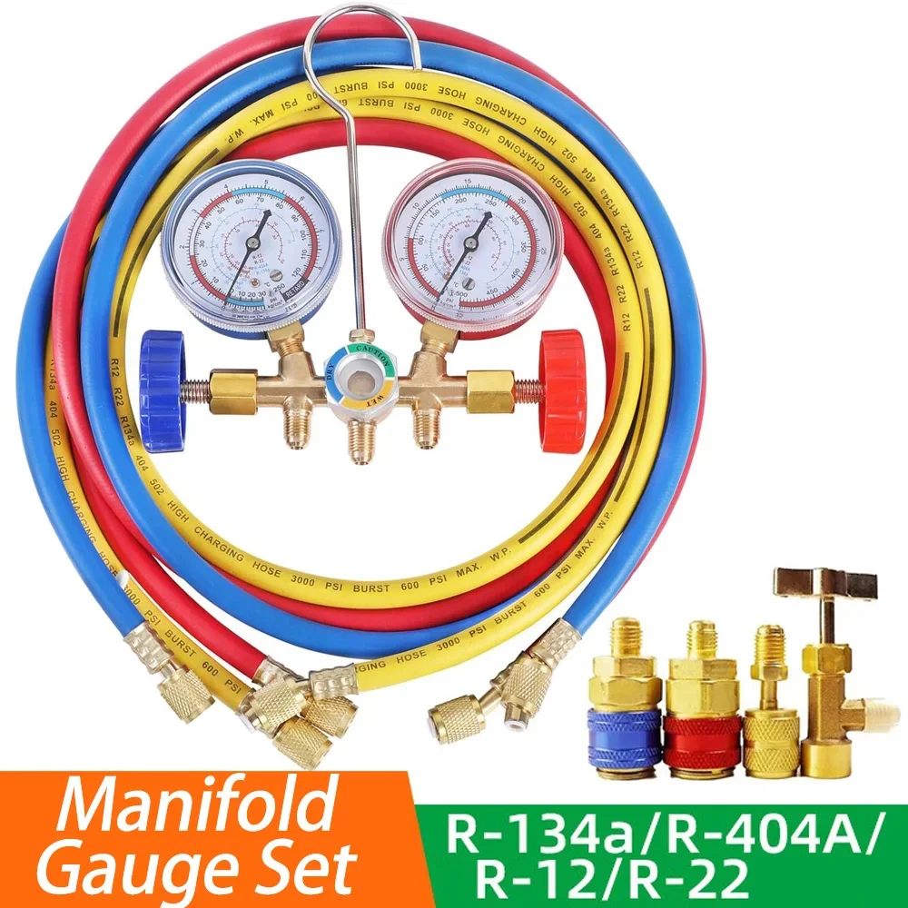 3 Way AC Manifold Gauge Set, HVAC Diagnostic Refrigerant Charging Tool Air Conditioning for Auto Household R404A R134a R12 R22