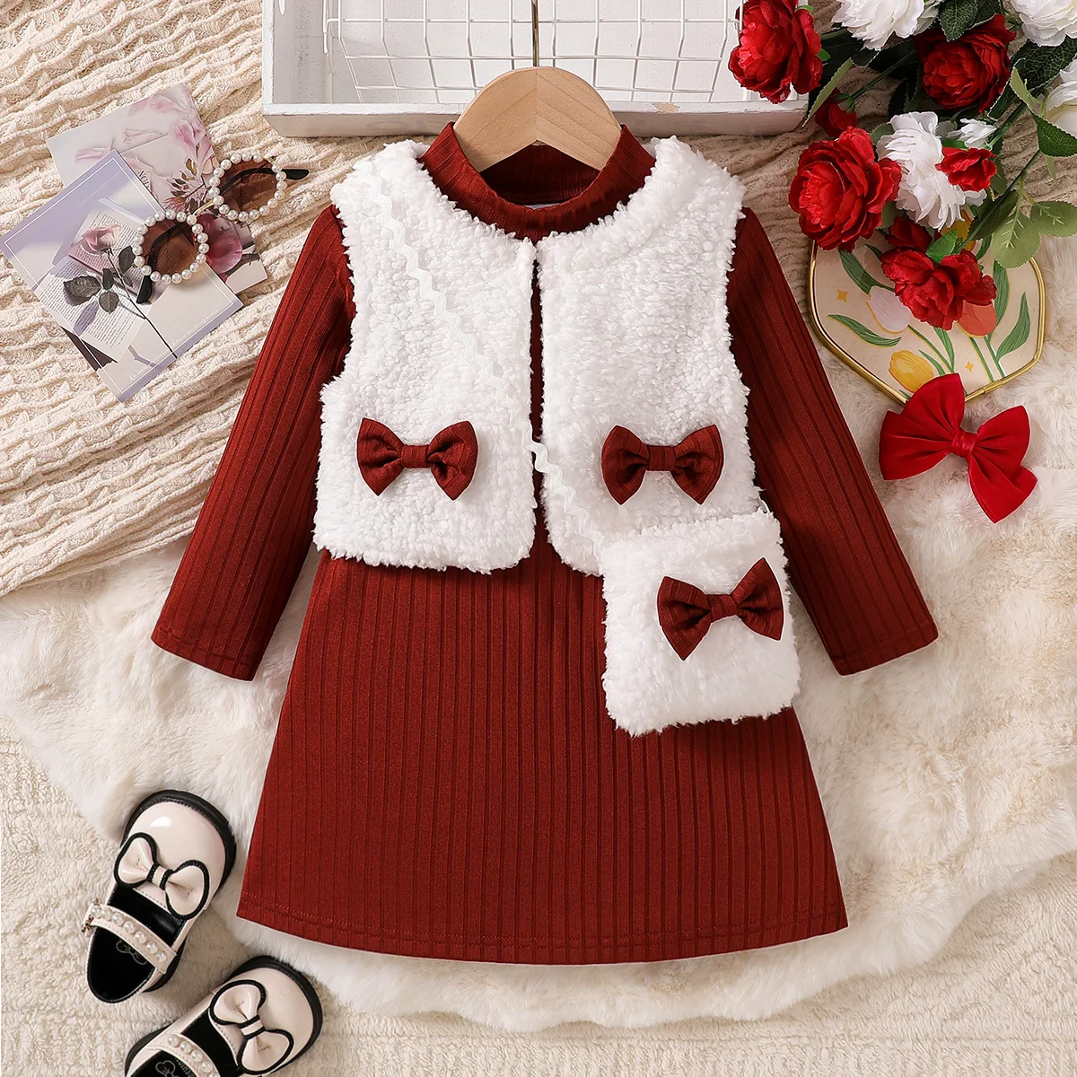 

Kids Autumn Winter Solid Dresses For 1-6Y Girls Bow Cashmere Coat+Shoulder Bag 3pcs Toddler Girls Outfits Sets Children Dresses
