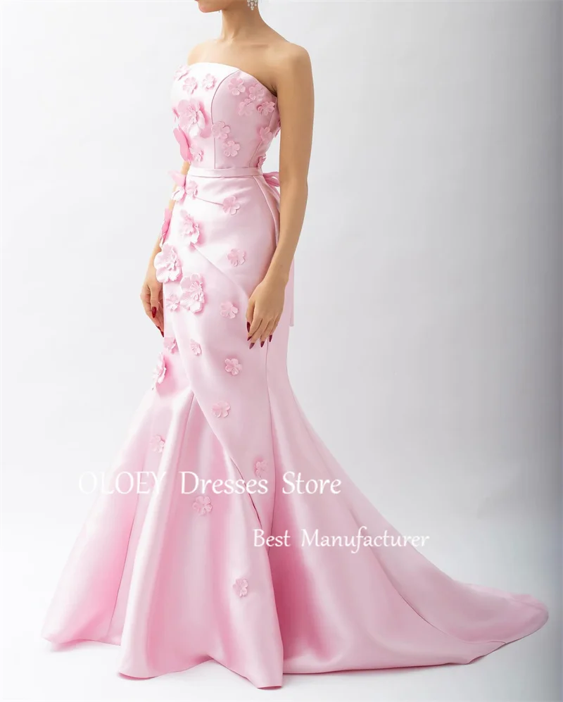 

OLOEY Elegant Pink Mermaid Evening Dresses Dubai Arabic Women Strapless 3D Flowers Floor Length Prom Gowns Formal Party Dress