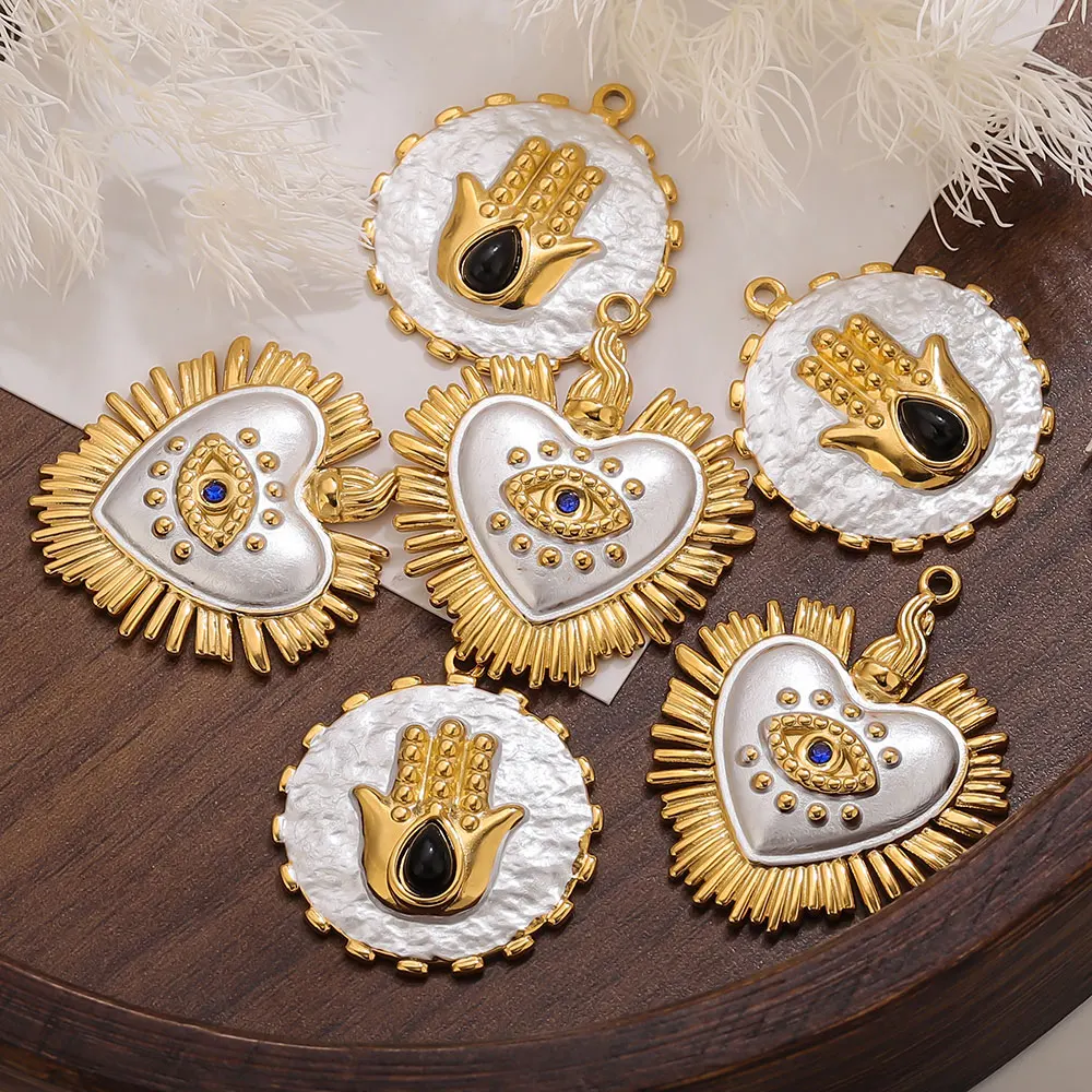 2PCS Gold-Plated Stainless Steel Charms Hand Evil Eye Heart Pendant Accessories For DIYJewelry Earrings Making Supplies Finding - view 5