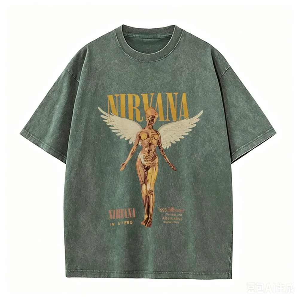 Retro Acid Wash Oversized T-shirt Nirvana Band 1993 Billboard Angel Figure Graphic Vintage Rock Casual Tops