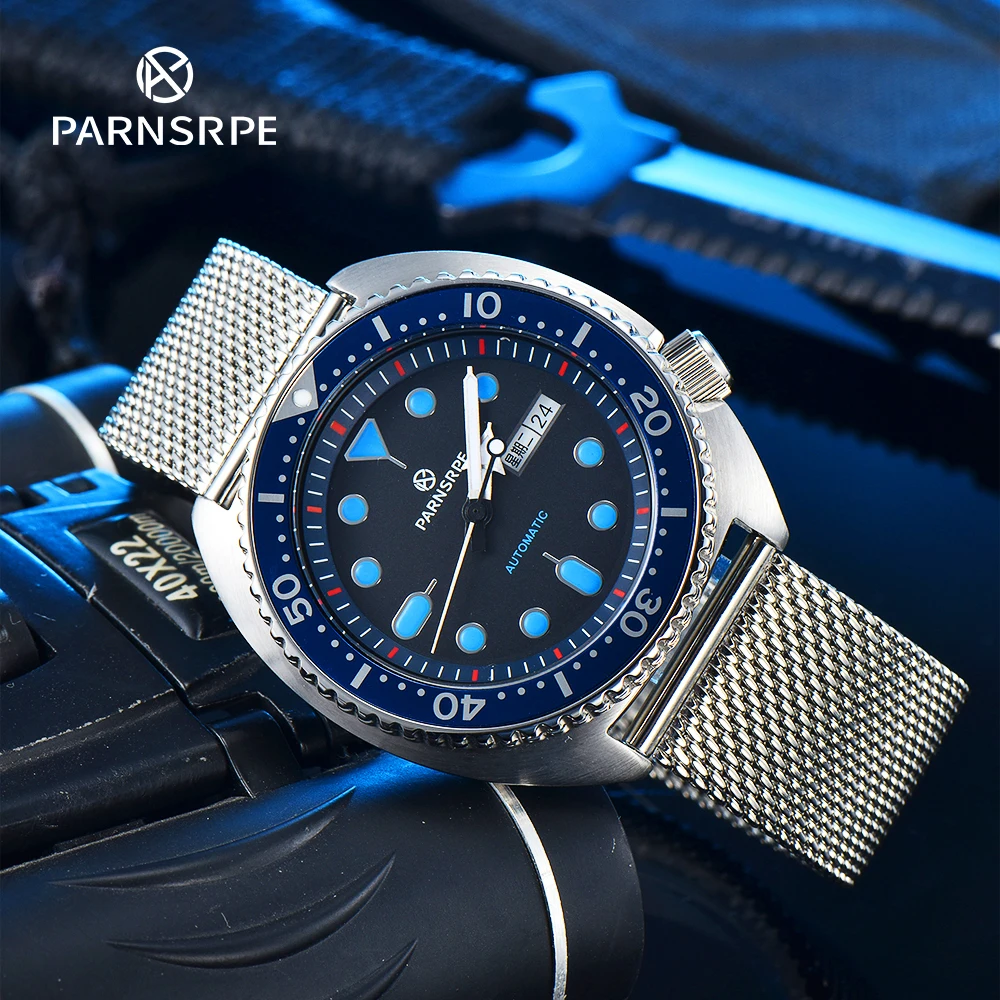 

PARNSRPE Big Abalone Sports Men's Automatic Mechanical Watch NH36 Blue Luminous Aseptic Dial Day Date Indicator Diver's Watch