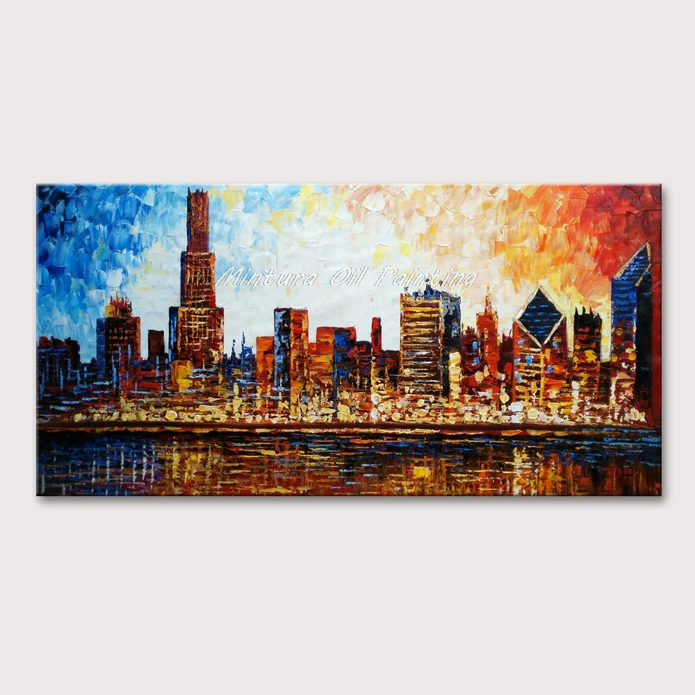 

Mintura Wall Picture for Living Room Oil Painting on Canva Hand-Painted Bronzed City Buildings Thick Painting Home Art No Framed