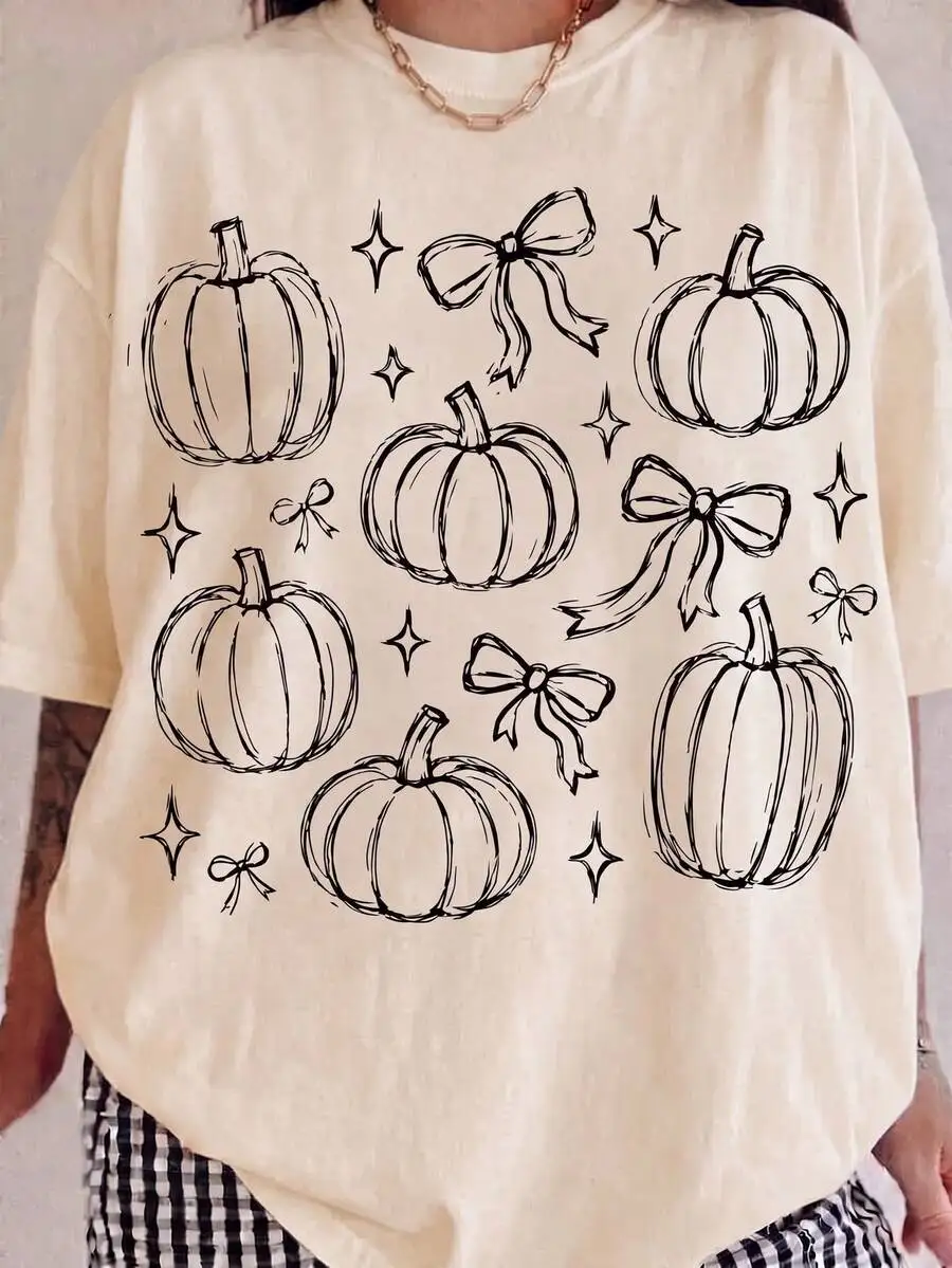 Women Crewneck Short Sleeve T Shirt Glittering Pumpkin Field Autumn Modern College Millennial Style Graphic Print Casual 1 Piece Trendy Top