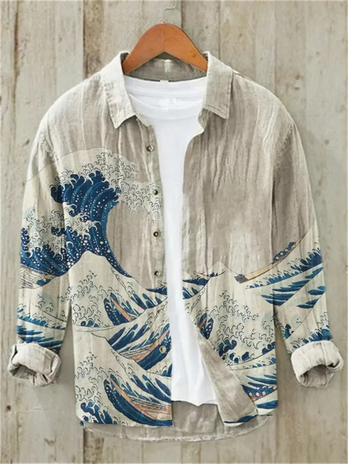 

Kanagawa Vintage Linen Blended Cardigan Shirt New Men's 3D Printed Polo Collar Long sleeved Hawaiian Shirt