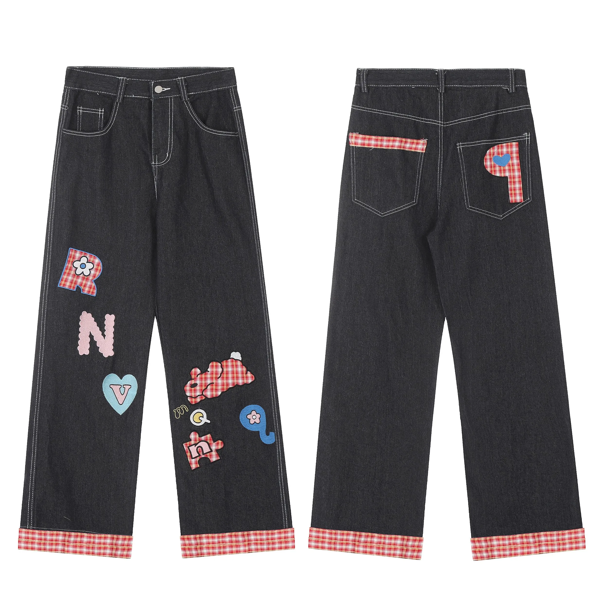 Pantalon de survêtement vintage pour couple, jean baggy, style preppy coréen, RetrofjStreetwear, Y2K, lettre imprimée, jambe large, pantalon patchwork