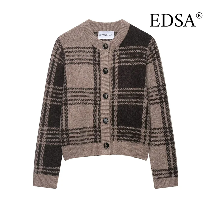 

EDSA женский клетчатый вязаный кардиган с круглым вырезом и длинными рукавами, однобортный свитер на пуговицах, пальто, весенне-осенняя верхняя одежда