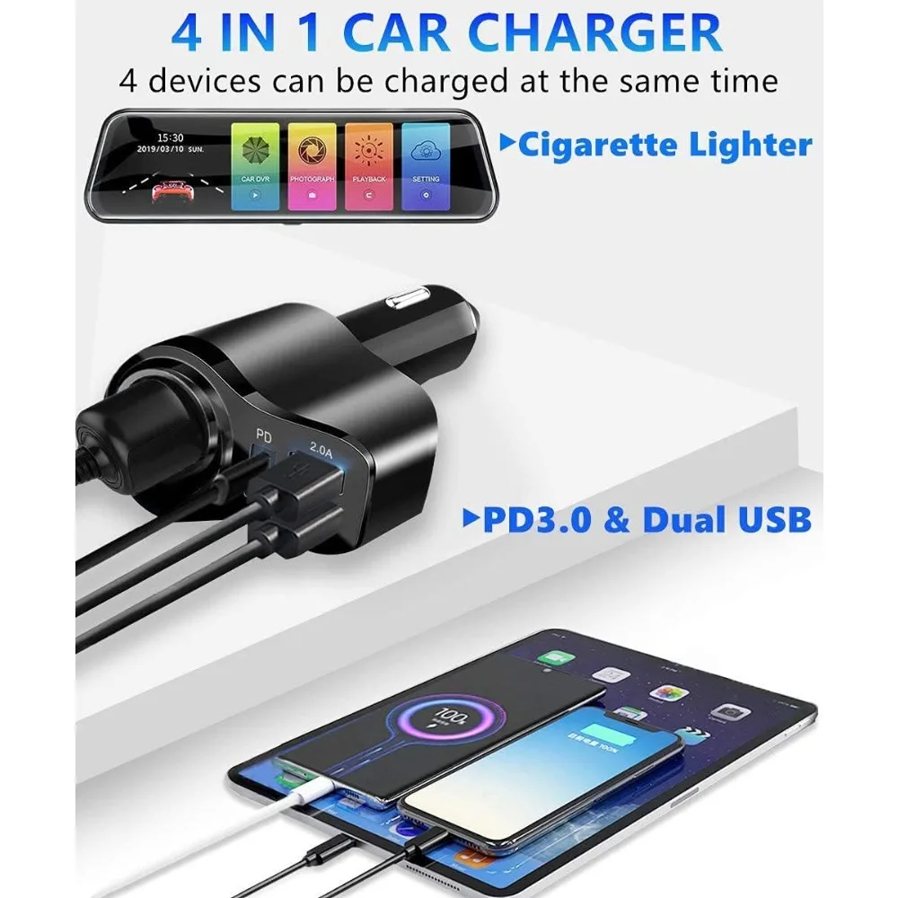 Chargeur de voiture USB C 4 en 1, adaptateur allume-cigare multi-usb 168W, séparateur de prise avec 3 Ports USB, double USB Type C PD 12V/24V