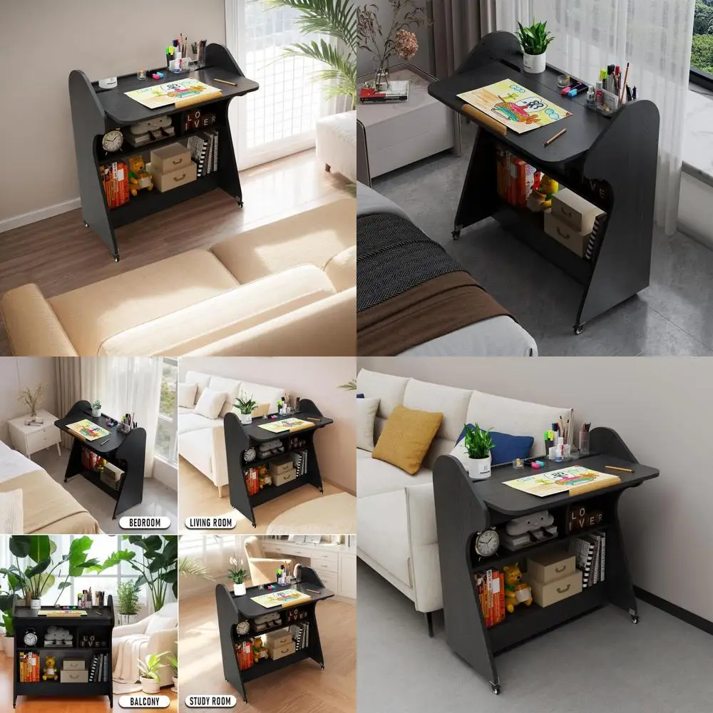 

Adjustable Angle Rolling Desk with Storage for Home Office (Black)