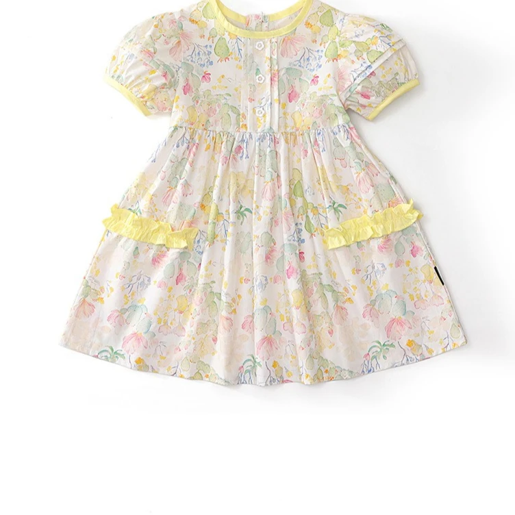 Girls Dress 2026 Spring and Summer New Children's Clothes Girls Baby Pastoral Style Foreign Bubble Sleeve Floral Dress