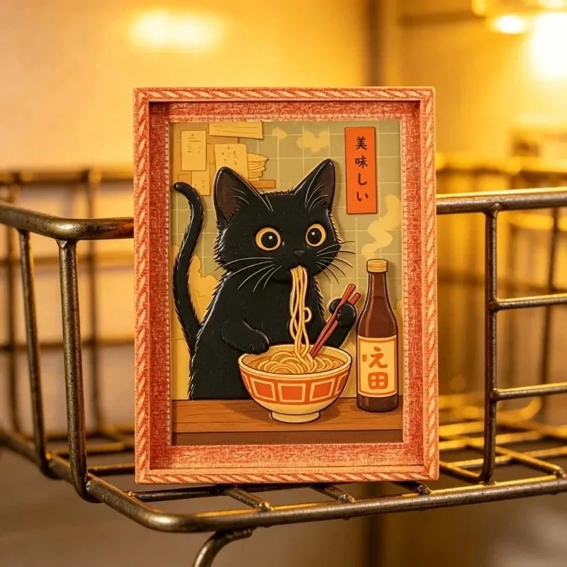 Mini Framed Black Cat Eating Ramen Magnet, Cute Japanese Cat Fridge Magnet for Kitchen, Home, Refrigerator & Decor